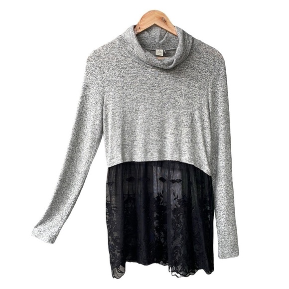 Paper Crane Sweater Cowl Turtleneck Grey Black Sheer Lace Hem Bohemian Sz Small - Picture 1 of 7